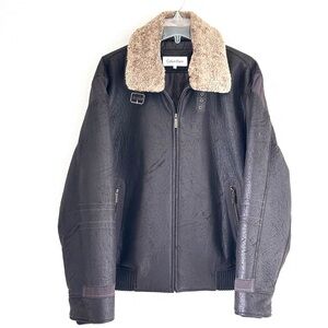 Vintage Calvin Klein Men's Brown Aviation Bomber Jacket with Shearling Collar